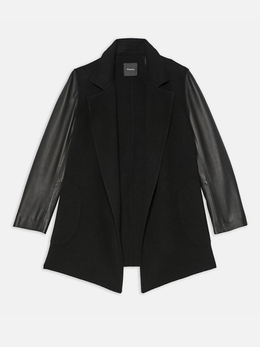 Theory Black Wool-Blend Coat with Leather Sleeves